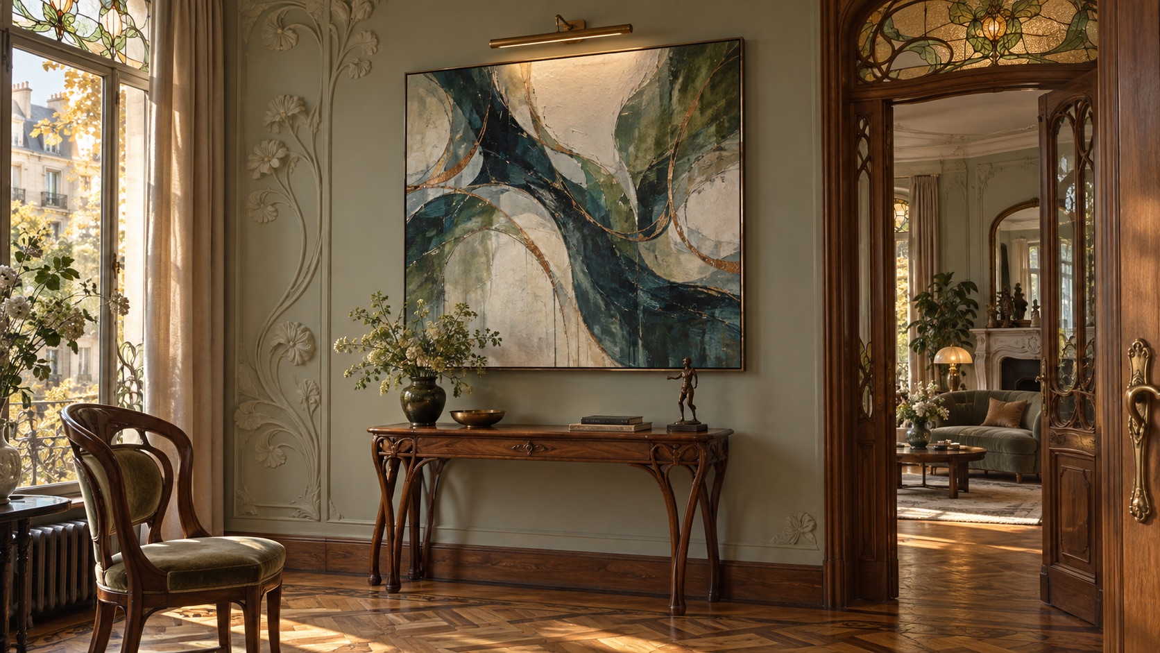 Abstract painting above a console table in an Art Nouveau salon