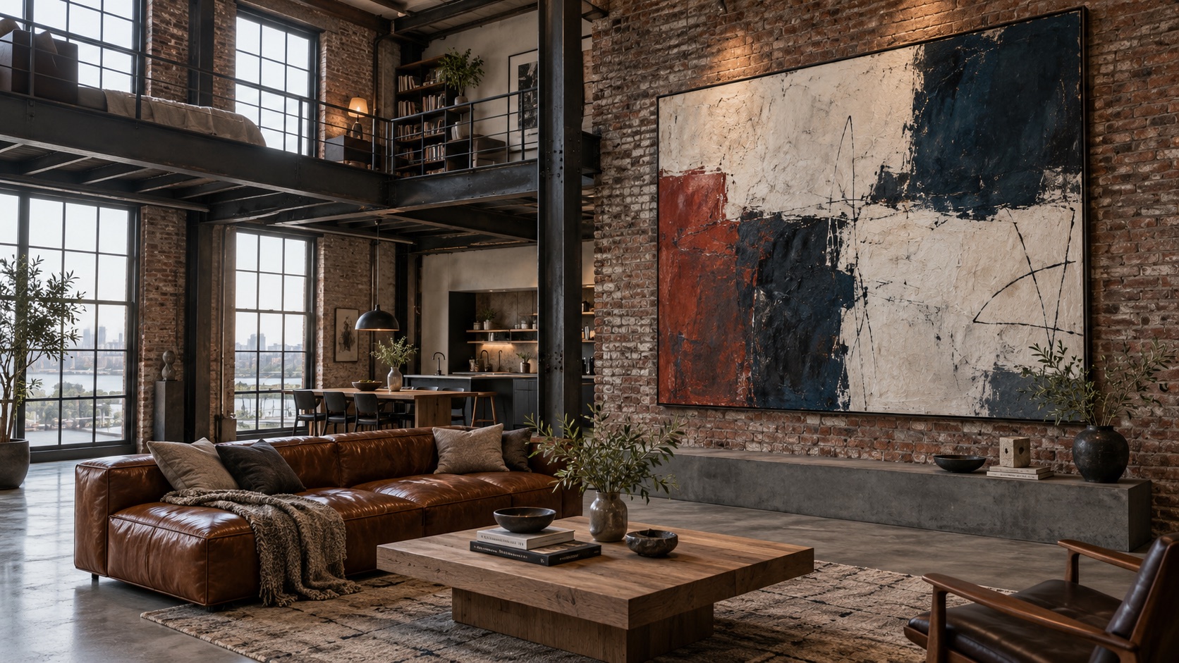 Large contemporary painting on an exposed brick wall
