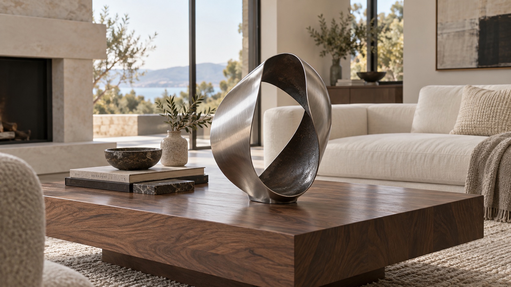 Elegant metal sculpture on a walnut coffee table