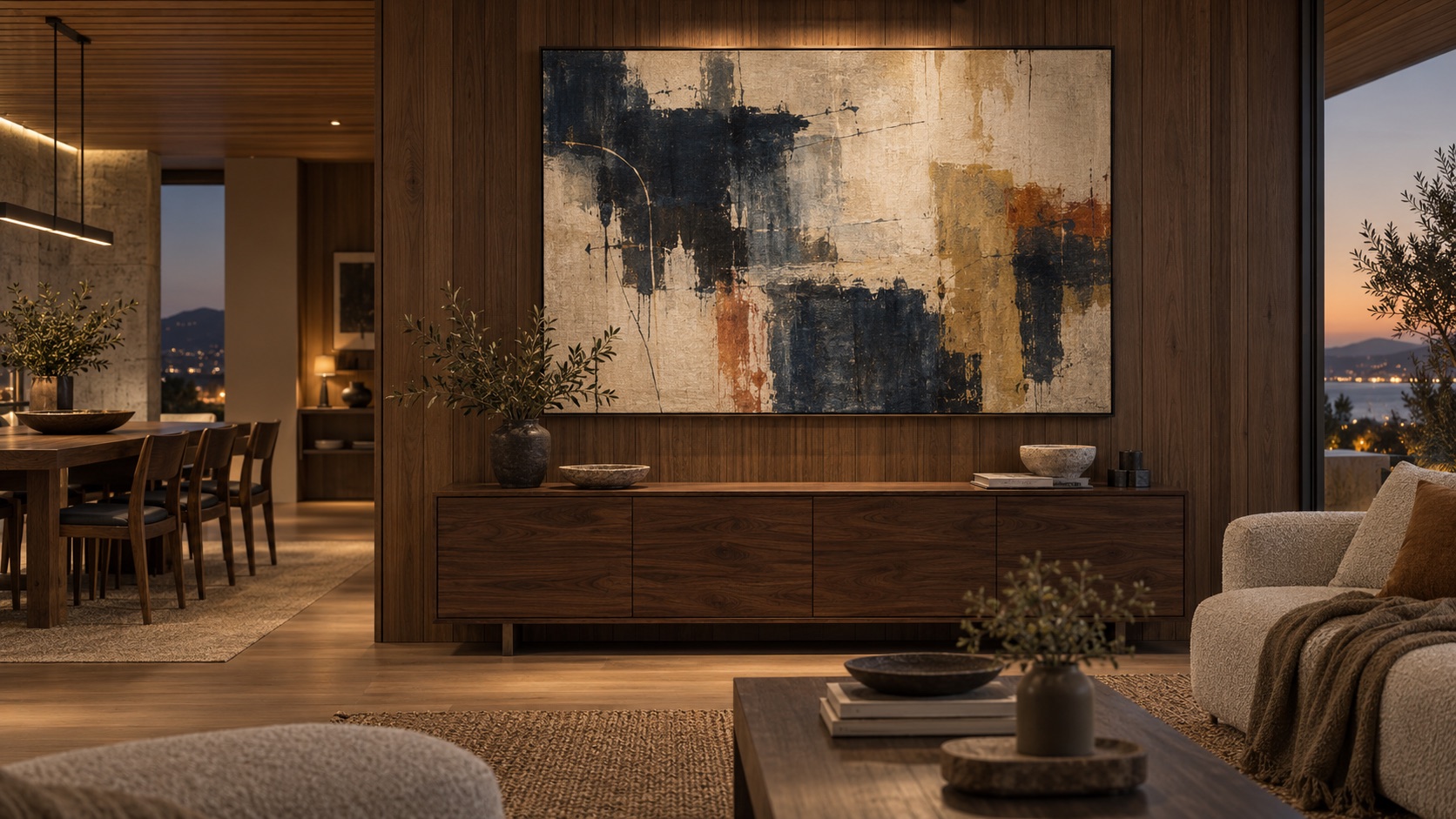Abstract painting on a warm-toned wooden wall